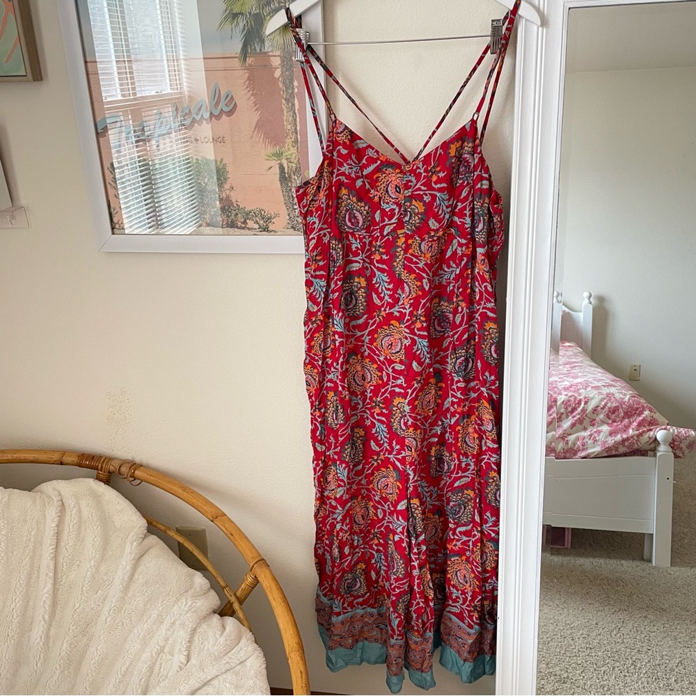 Anthropologie Red Floral Printed Spaghetti-Strap Jumpsuit with Aqua Trim - Picture 3 of 7
